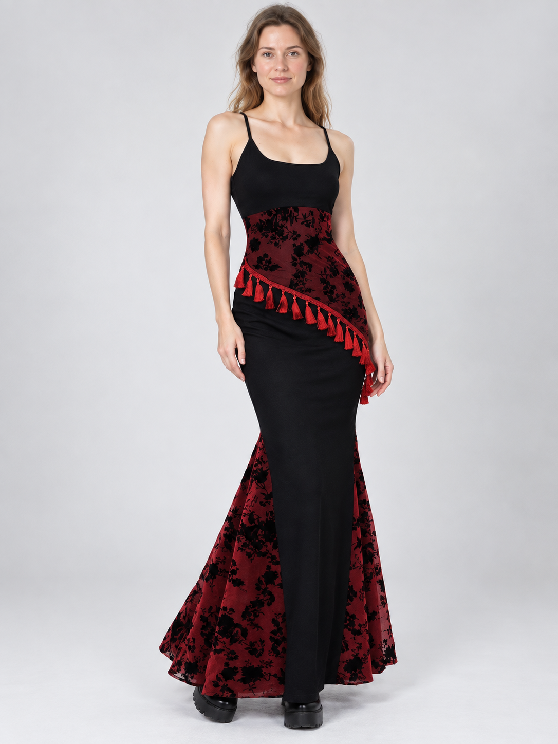 Gothic Black and Red Maxi Dress with Fringe