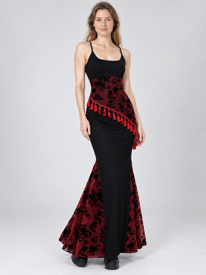 Gothic Black and Red Maxi Dress with Fringe