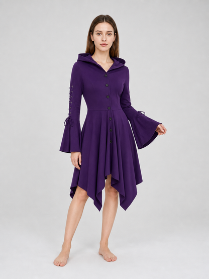 Gothic Hooded Dress with Flare and Asymmetry