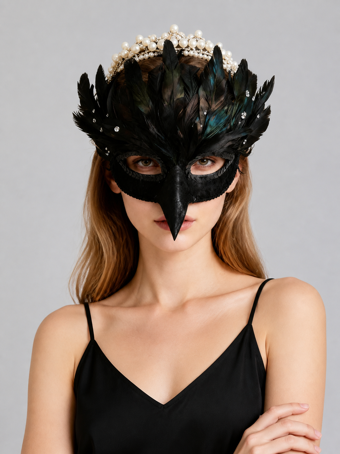 Carnival Headpiece, Raven Mask with Black Feathers Costume Masks detail