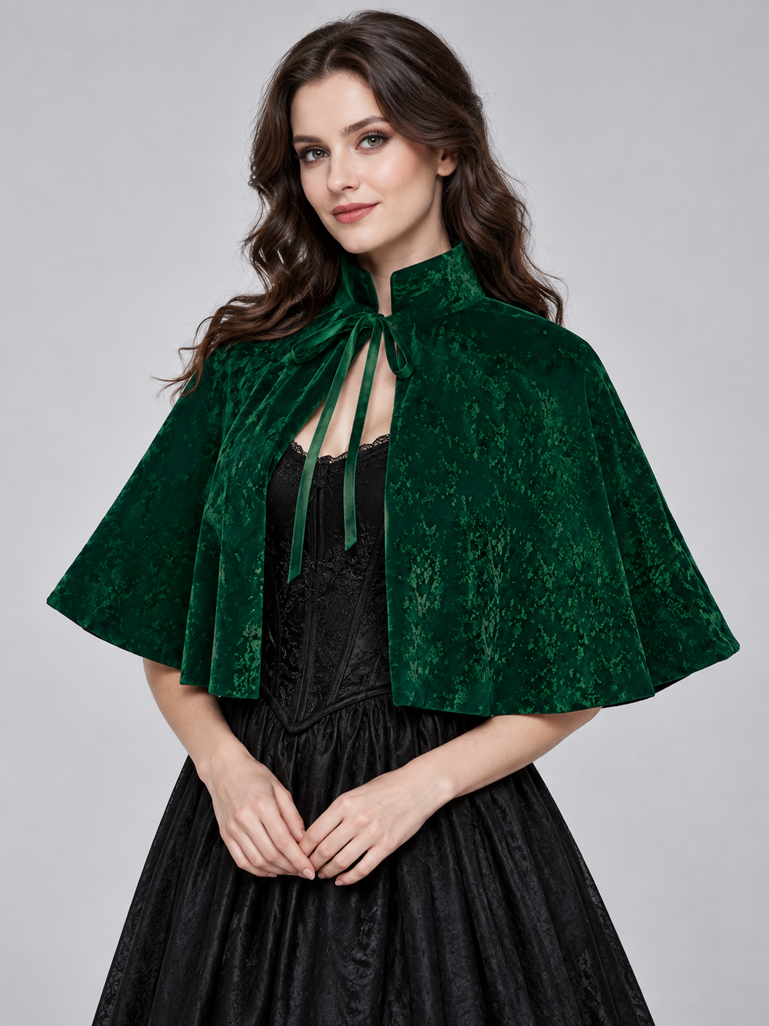 Green Velvet Capelet with Stand Collar