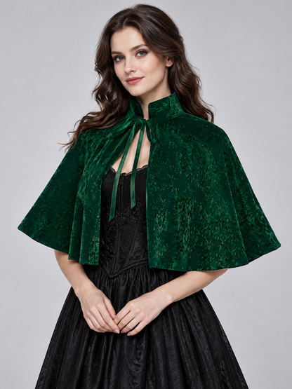 Green Velvet Capelet with Stand Collar