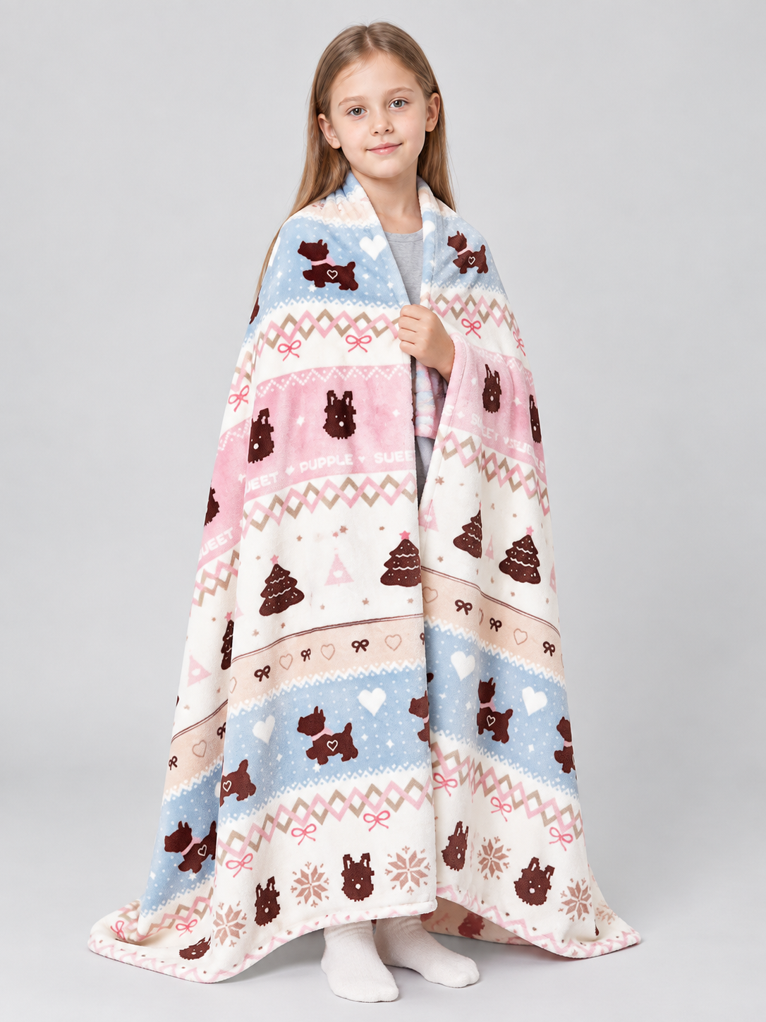 Reversible Fleece Blanket with Dog and Bow Print