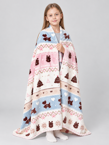 Reversible Fleece Blanket with Dog and Bow Print