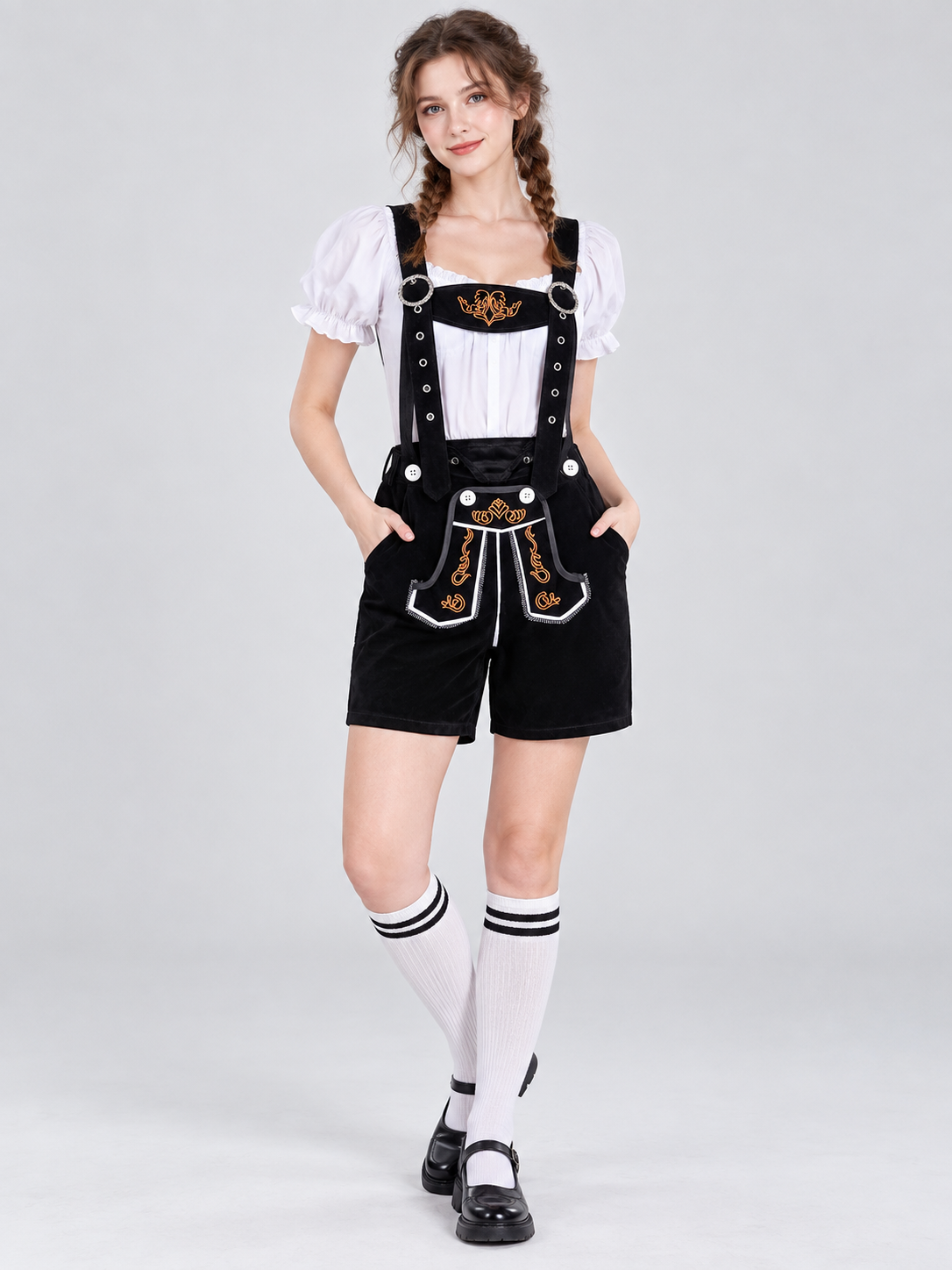 Bavarian shorts with suspenders, black with embroidery and trim