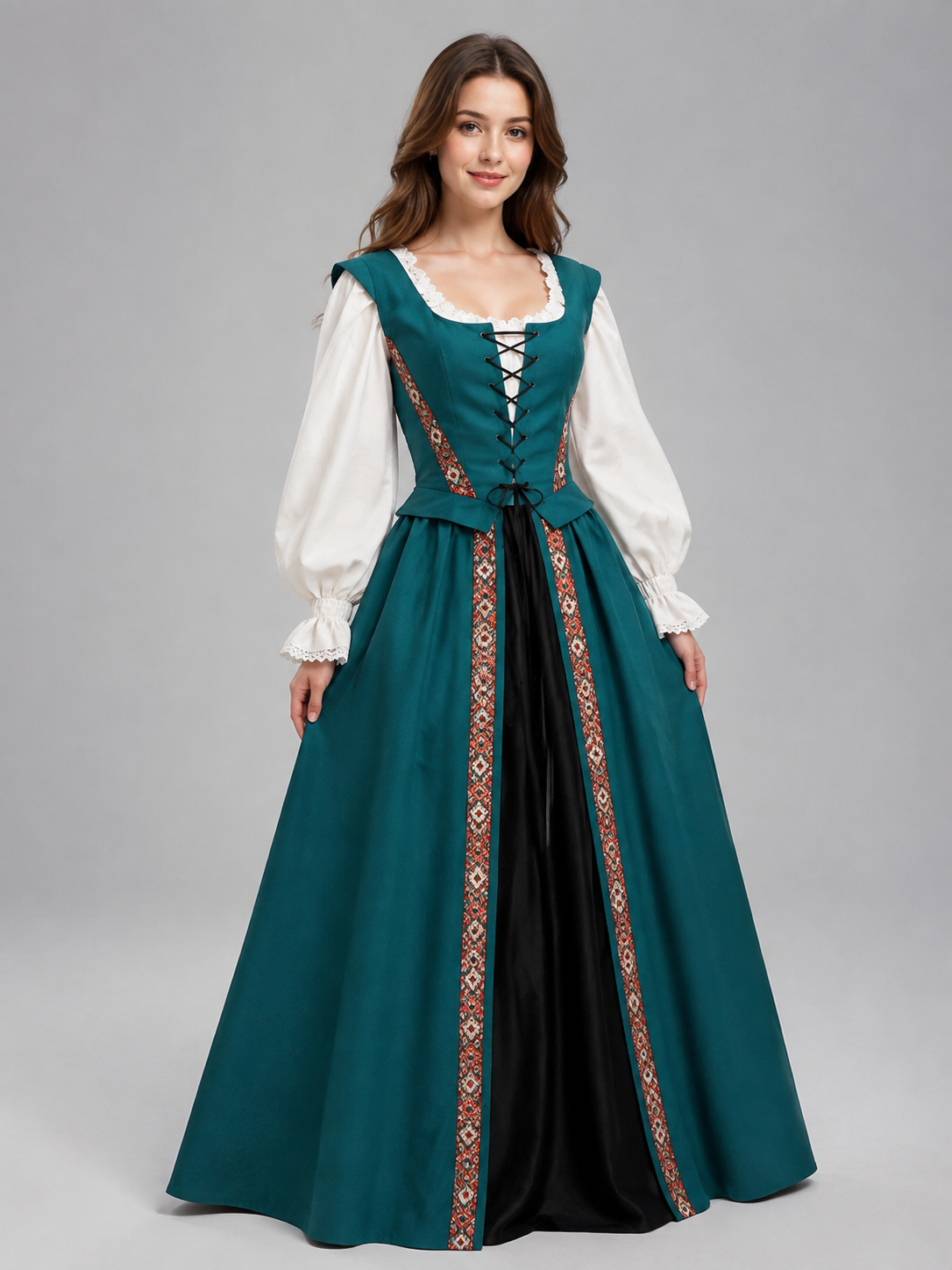 Turquoise Renaissance Dress with Puff Sleeves Costume Dresses detail