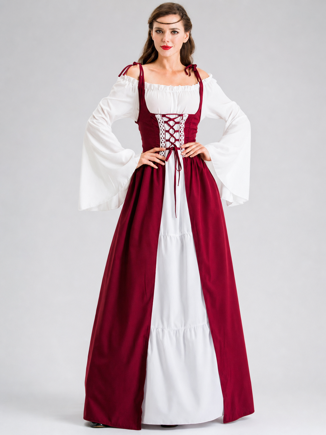 This is a retro-style historical costume for creating the look of a princess, queen, or theater performer. The outfit combines white and wine-red colors, creating a striking and distinctive appearance. The white top features wide sleeves, s