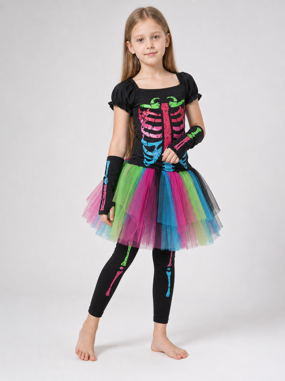 Skeleton costume with a multicolored skirt