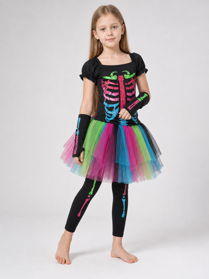 Skeleton costume with a multicolored skirt