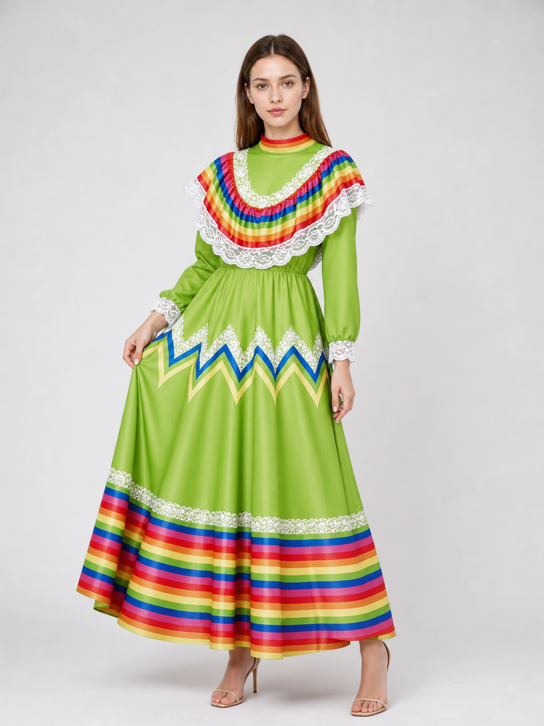 Bright folk dress with a full skirt and lace
