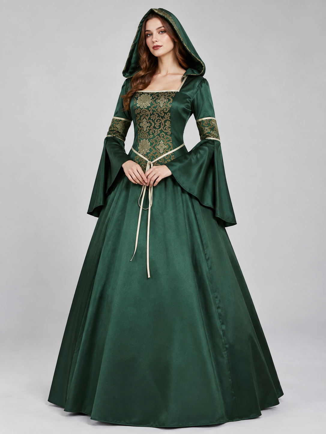 Green Gothic-Style Dress with Hood and Lacing
