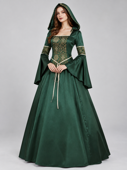 Green Gothic-Style Dress with Hood and Lacing