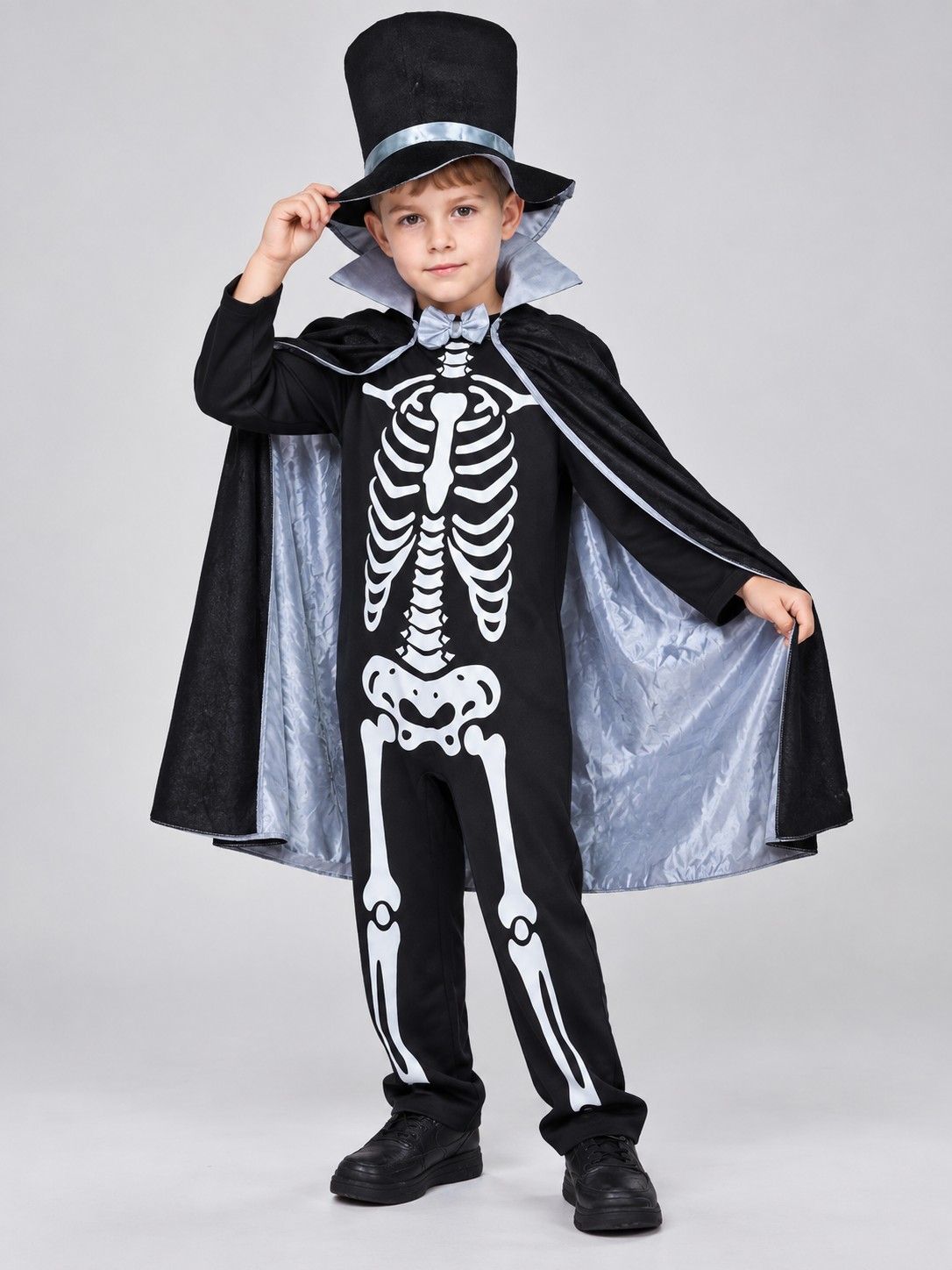 Kids' skeleton carnival costume with cape and top hat