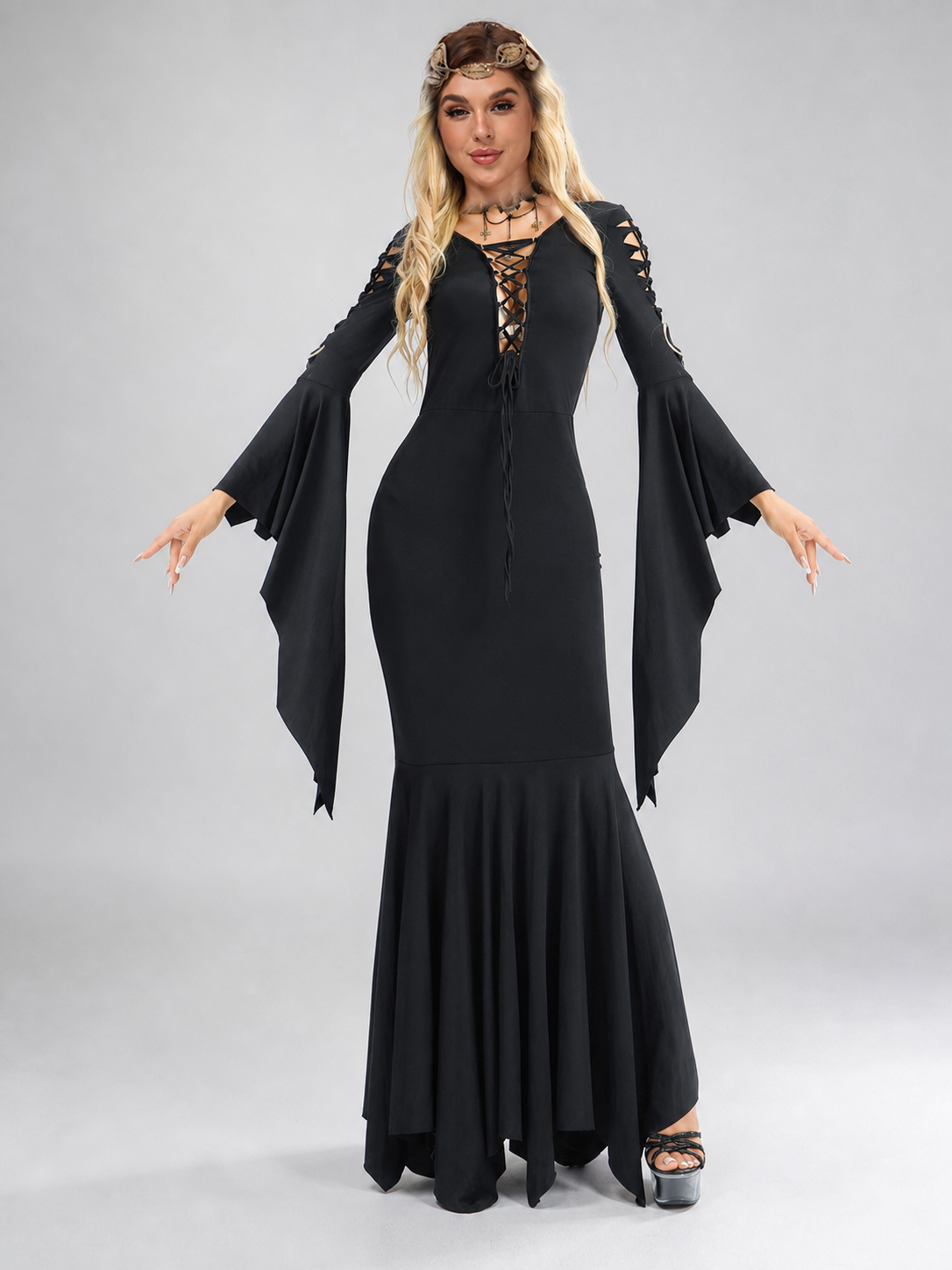 Black Gothic Lace-Up Cosplay Dress