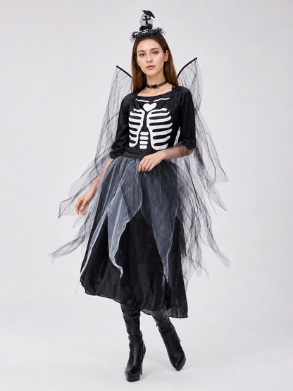 Skeleton costume dress with wings and headpiece