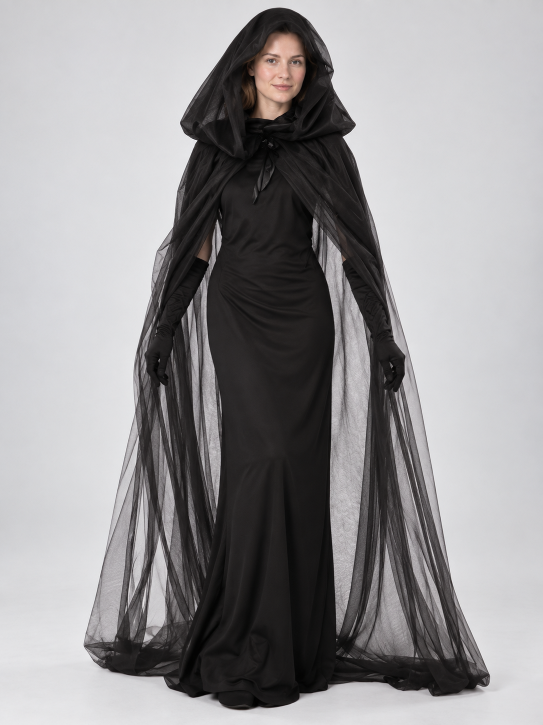 Halloween Costume: Black Dress, Cape, and Gloves