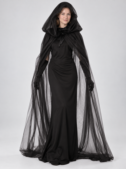 Halloween Costume: Black Dress, Cape, and Gloves