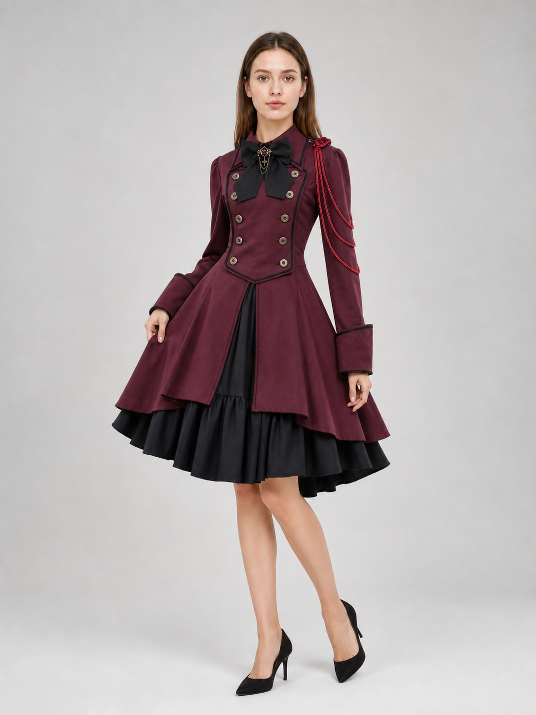Gothic burgundy dress with sleeves and a bow