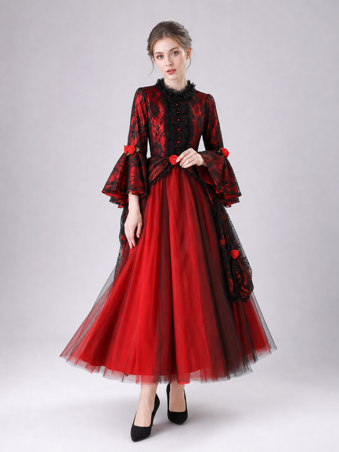 Gothic dress with roses and lace, red and black