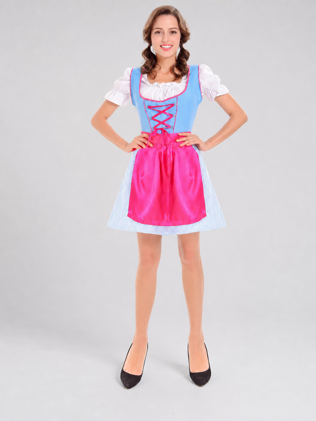 Dress with an apron, bow, and puff sleeves