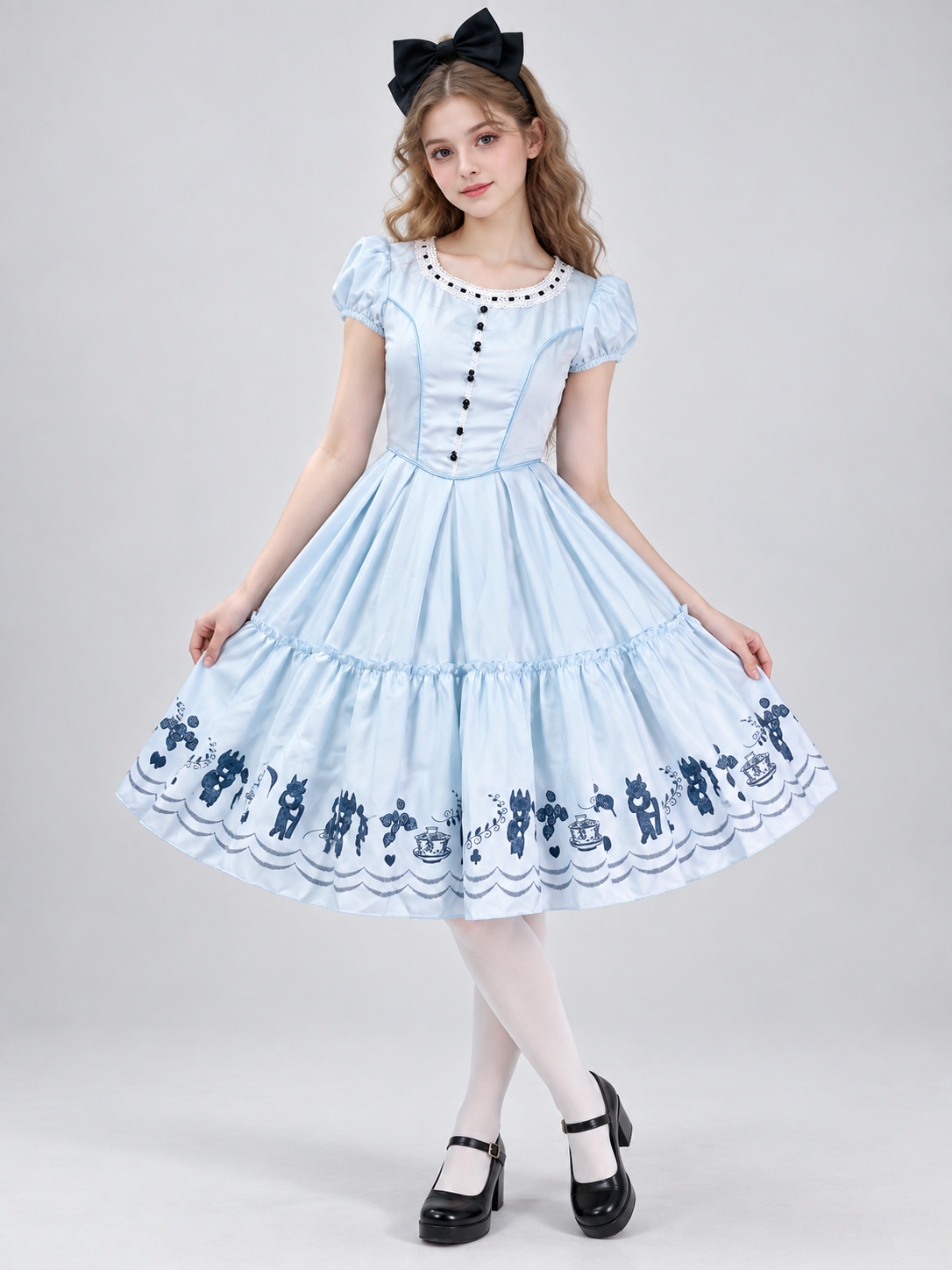 Light blue Lolita-style dress with black bow