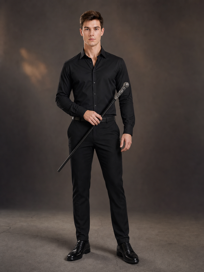Prop cane with a silver carved handle, in a black-and-silver color scheme with a retro and gothic style