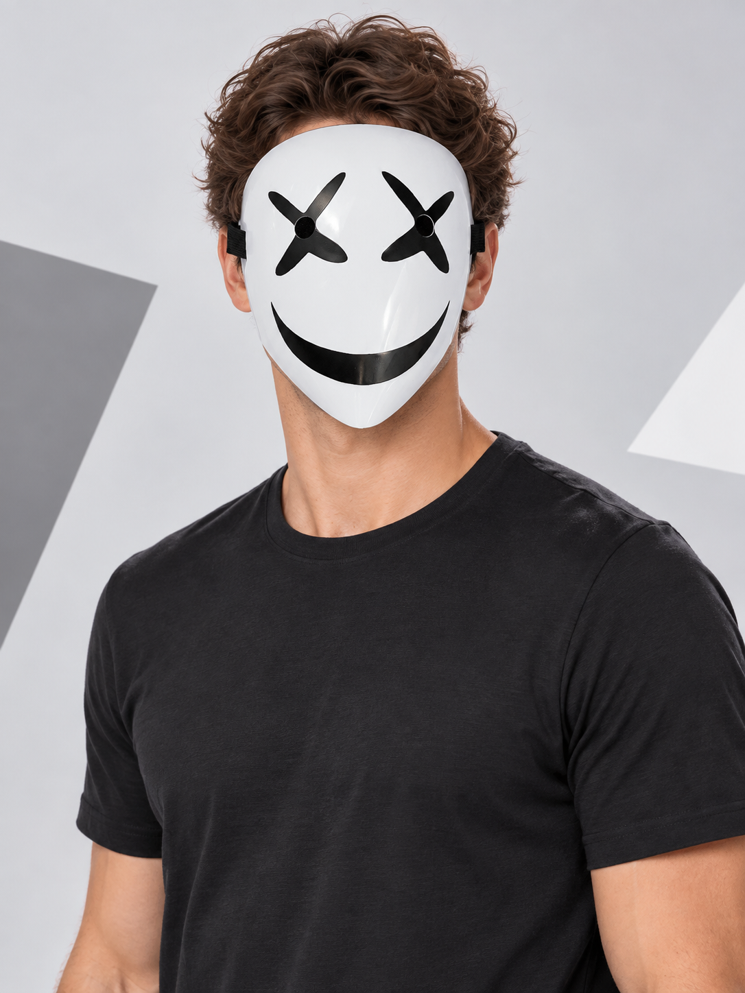 White mask with a black smile and cross-shaped eyes