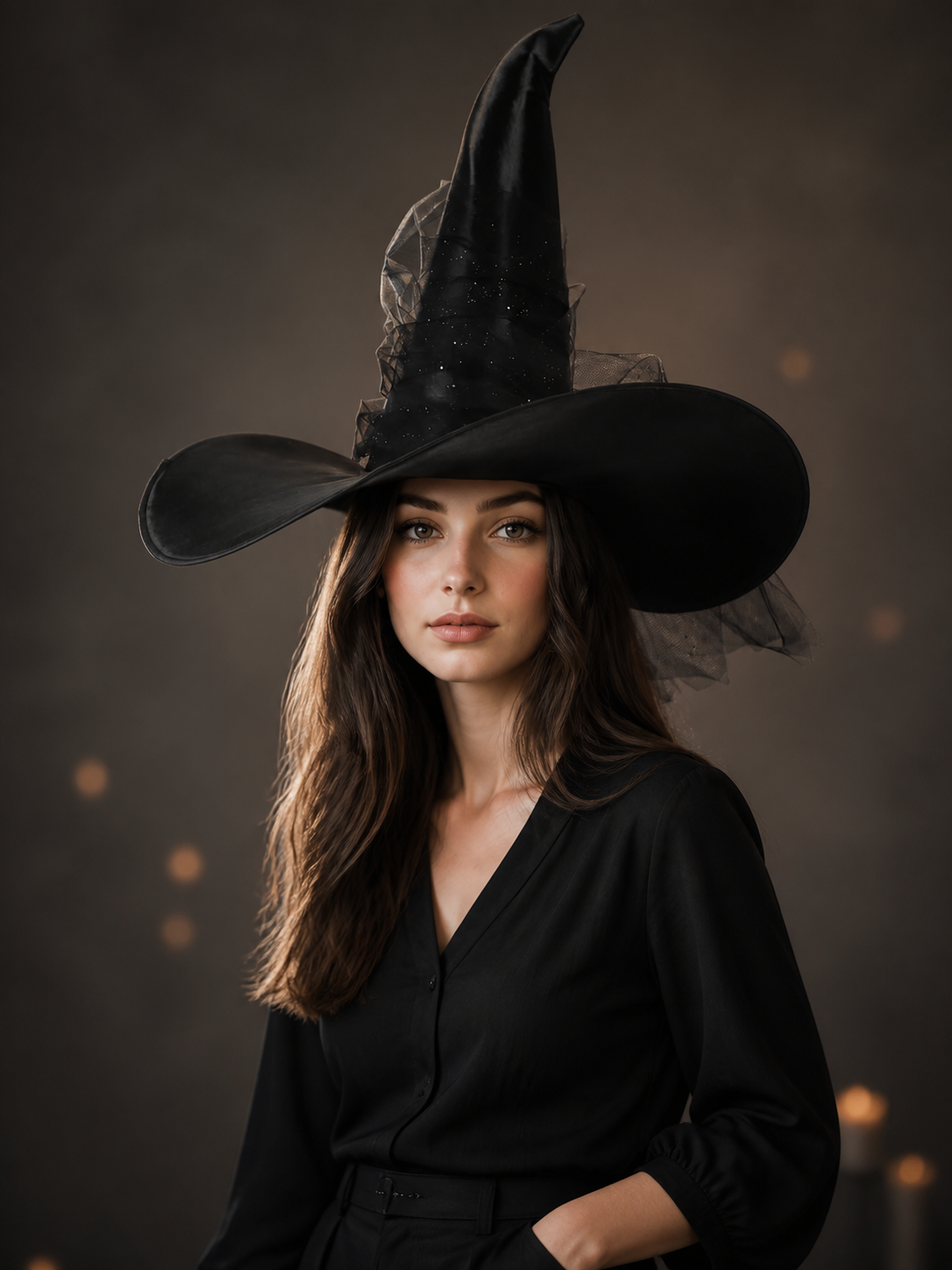 1pc Black Halloween Witch Hat Wide Brim Tall Pointed Wizard Cap with Mesh on-model front view