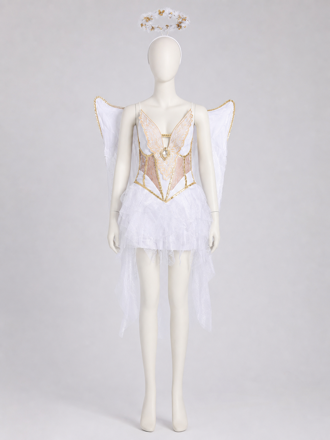 White-and-Gold Angel Costume with Wings and Halo
