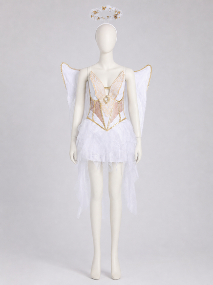 White-and-Gold Angel Costume with Wings and Halo