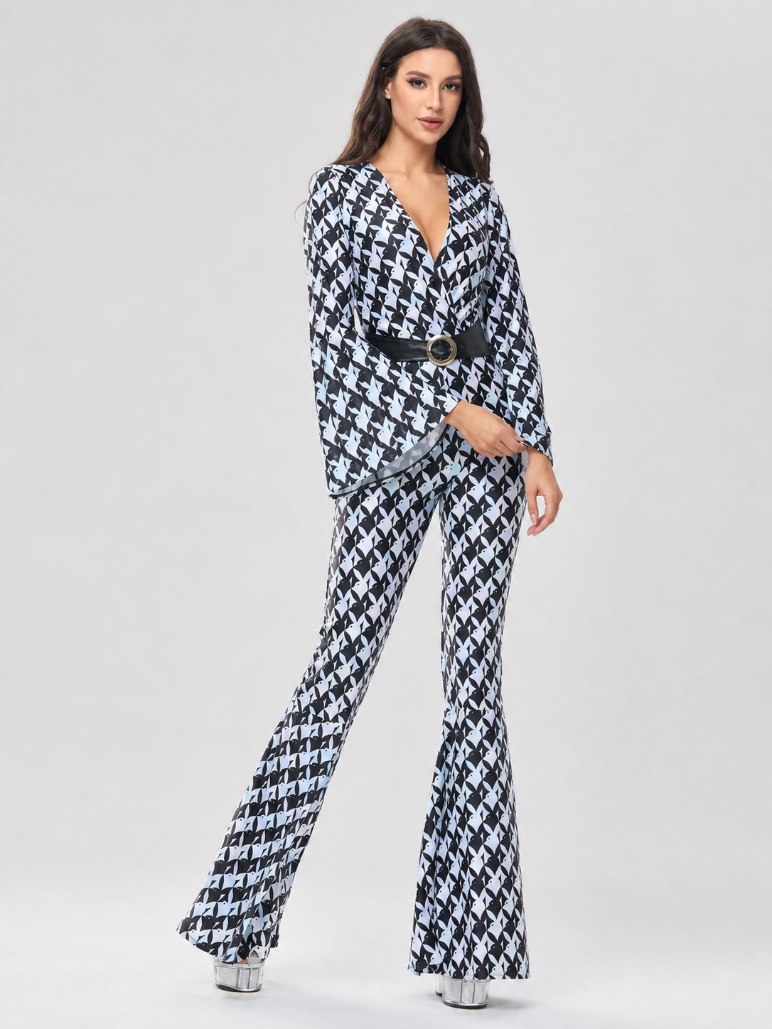 Retro Flared Jumpsuit with Geometric Print