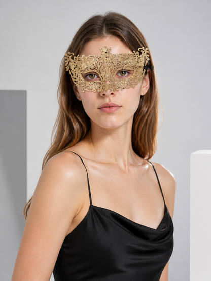 Gold Venetian Carnival Mask with Black Ties Costume Masks detail