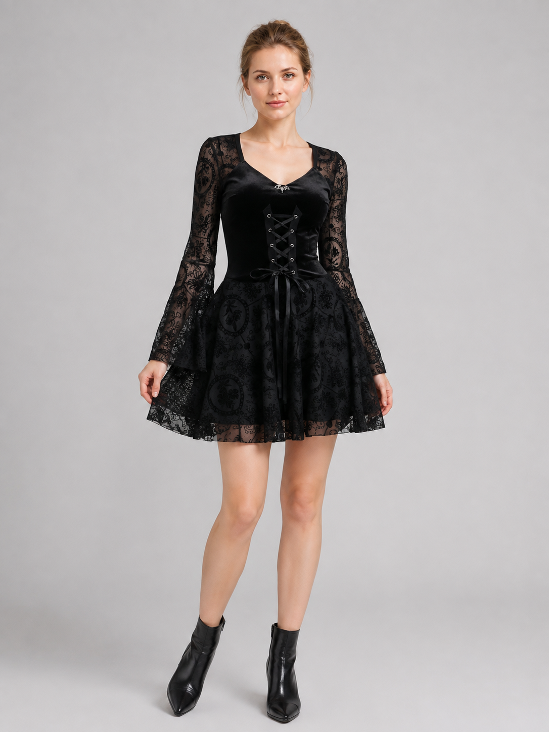Short Black Dress with Lacing and Lace Pattern Costume Dresses detail