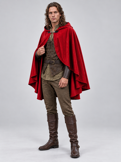Medieval Costume with a Red Cape, Hood, and Belt
