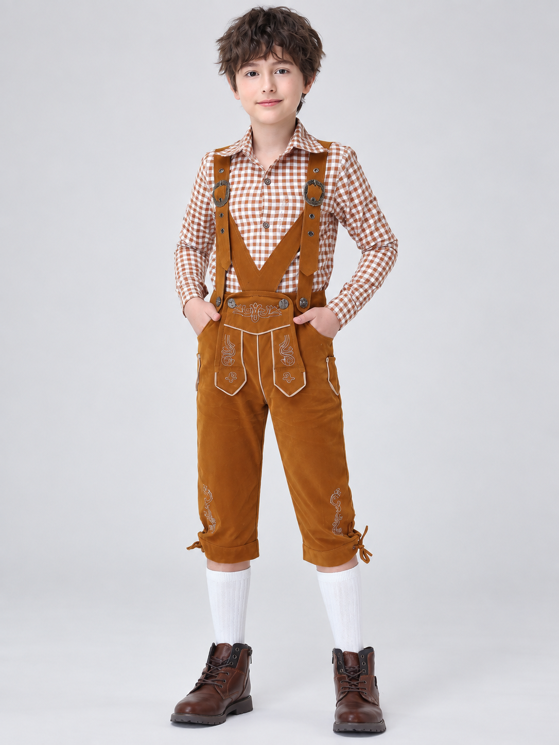 Kids' Plaid Bavarian-Style Costume with Embroidery