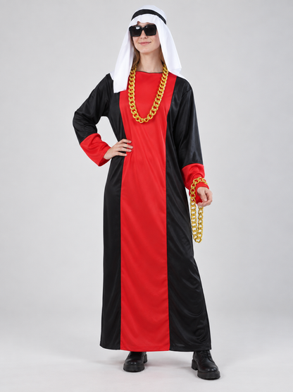 Red and black carnival costume with headpiece and chain