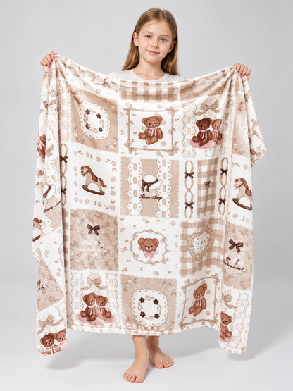 Beige fluffy blanket with teddy bear and bow print