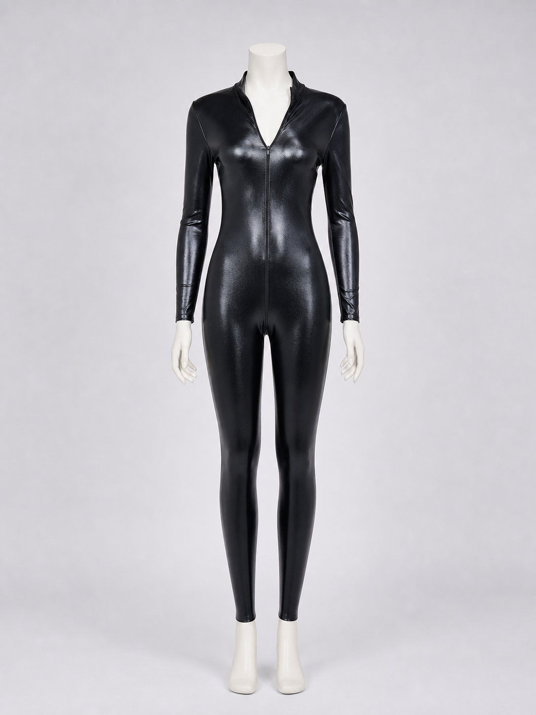 Black Glossy Long-Sleeve Jumpsuit