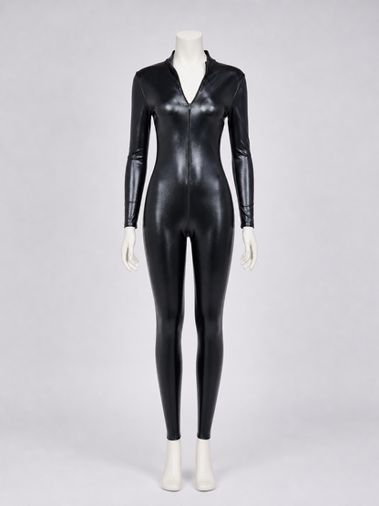 Black Glossy Long-Sleeve Jumpsuit