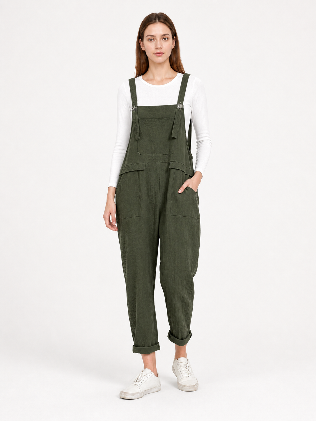 Straight-Leg Dark Green Bib Pants with Straps and Pockets