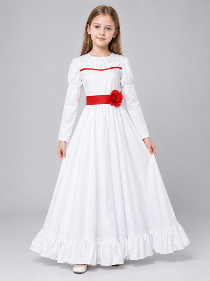 White Cosplay Dress with Red Rose Costume Dresses detail