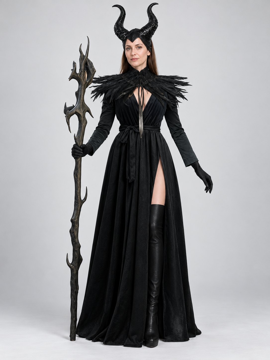 Witch costume: long black floor-length dress, feathers, horns