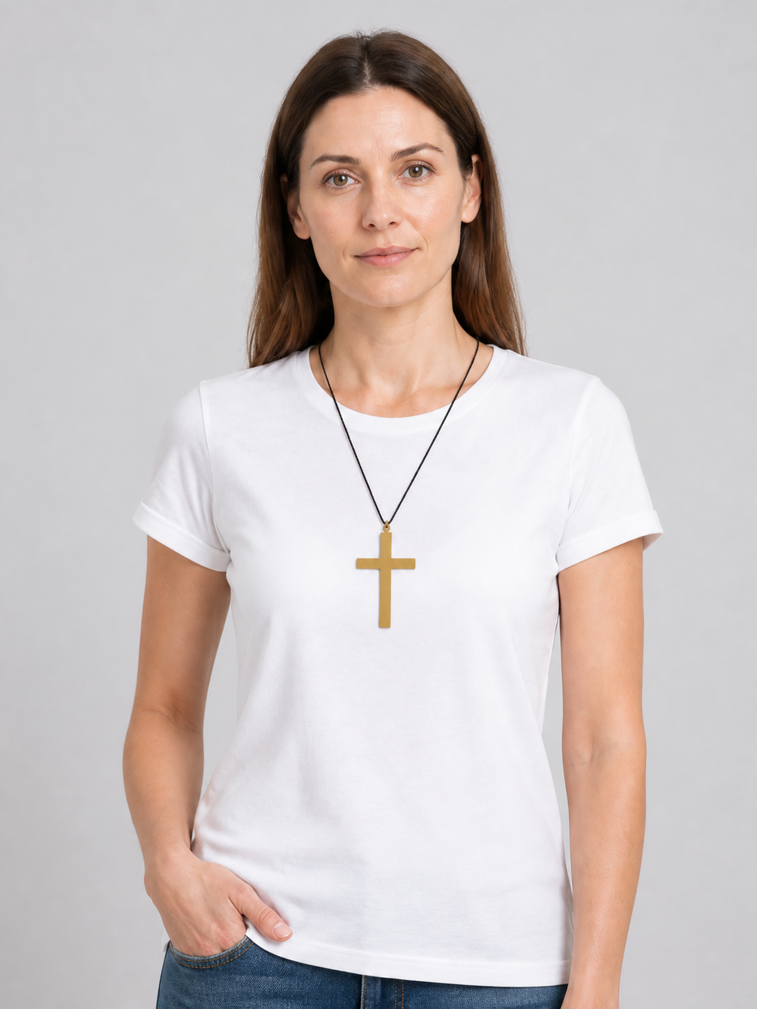 Gold Cross Pendant on a Black Cord for Cosplay Costumes detail
