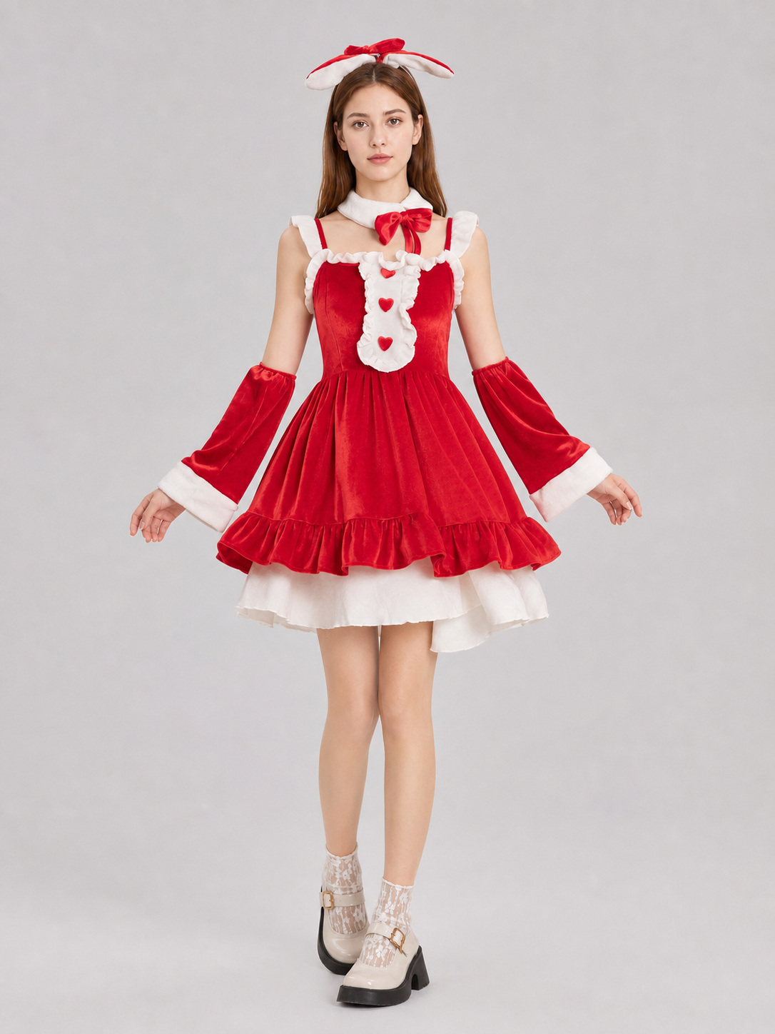 Christmas-Themed Dress with Bow and Ruffles