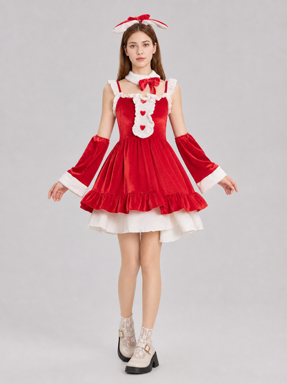 Christmas-Themed Dress with Bow and Ruffles