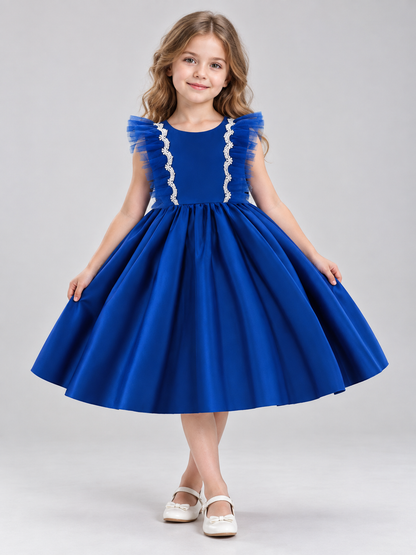Bright Blue Children's Formal Dress with Bow and Lace