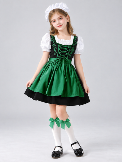 Kids' Dirndl-Style Costume in Green with Apron and Socks