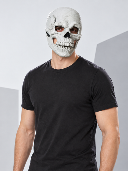 White skull mask with teeth and dark eye sockets