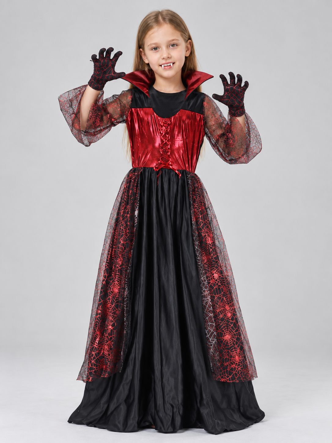 Kids' Vampire Costume Dress with Gloves and Fangs