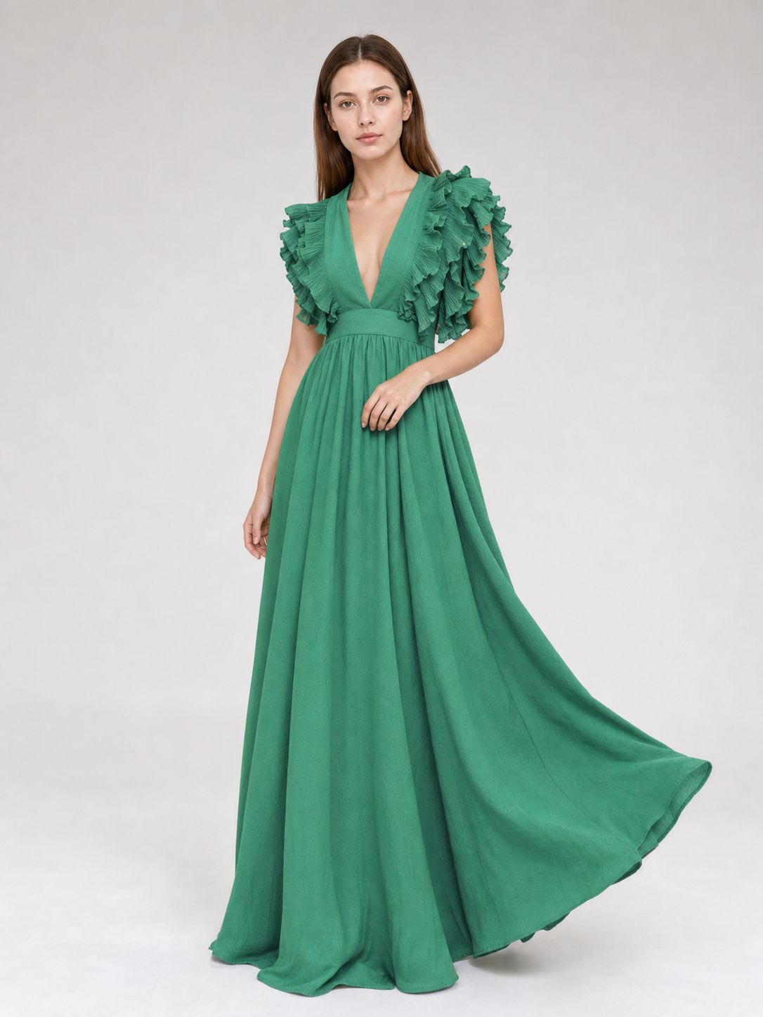 Emerald Green Maxi Dress with a V-Neckline